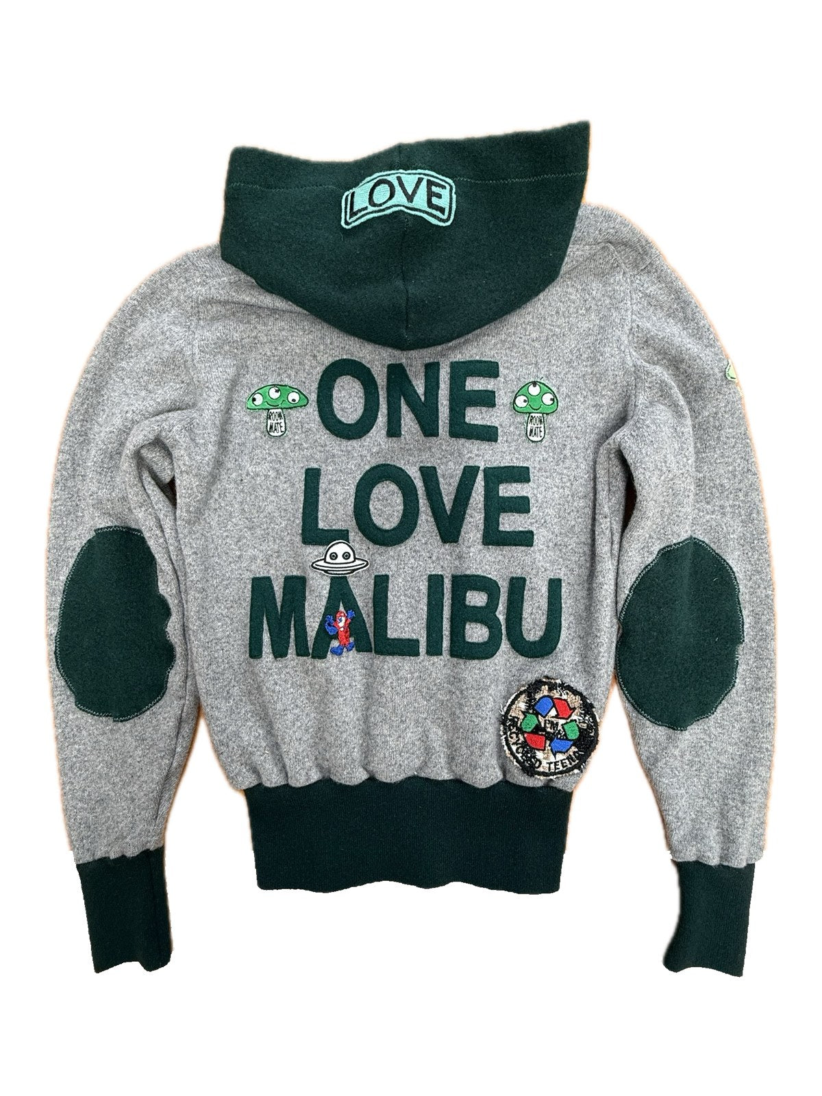 Recycled Cashmere Zip Hoodie — Grey x Green "ONE LOVE MALIBU" (Women's S)