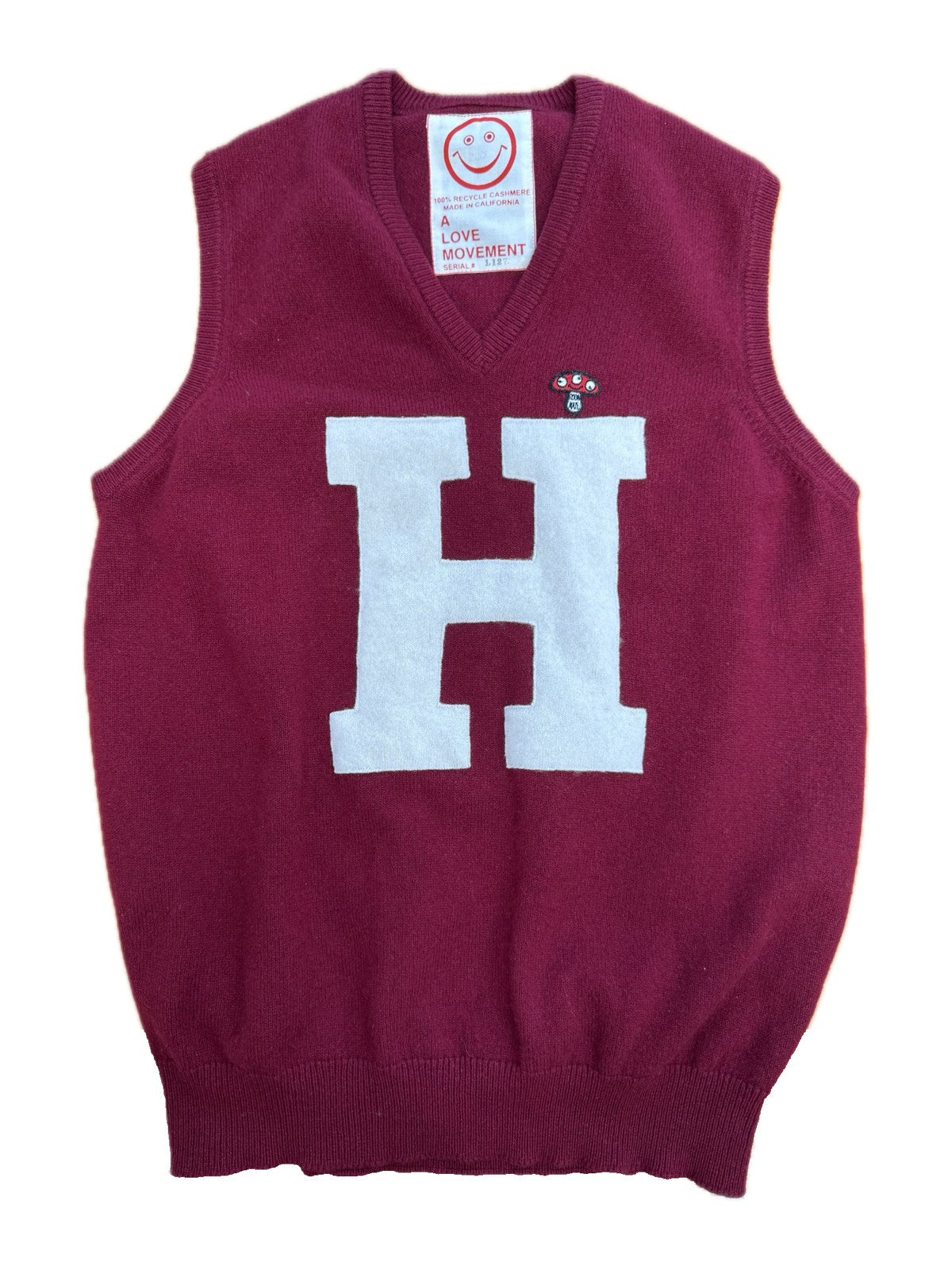 Recycled Cashmere V-Neck Vest — Burgundy "H / HARVEST UNIVERSITY" Pig (Women's M)