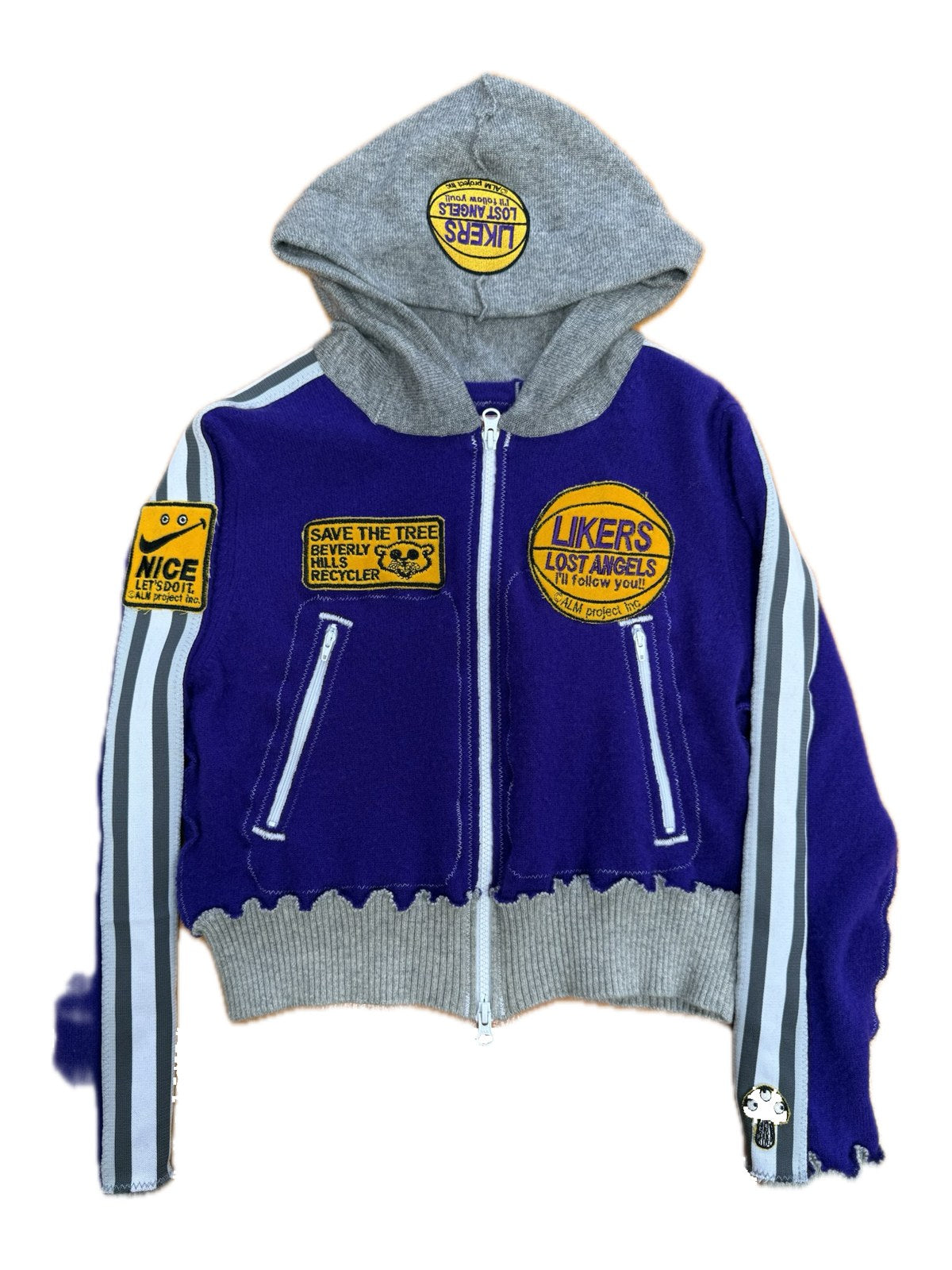 Recycled Cashmere Zip Hoodie — Purple x Grey "LIKERS LOST ANGELS" (Women's S)
