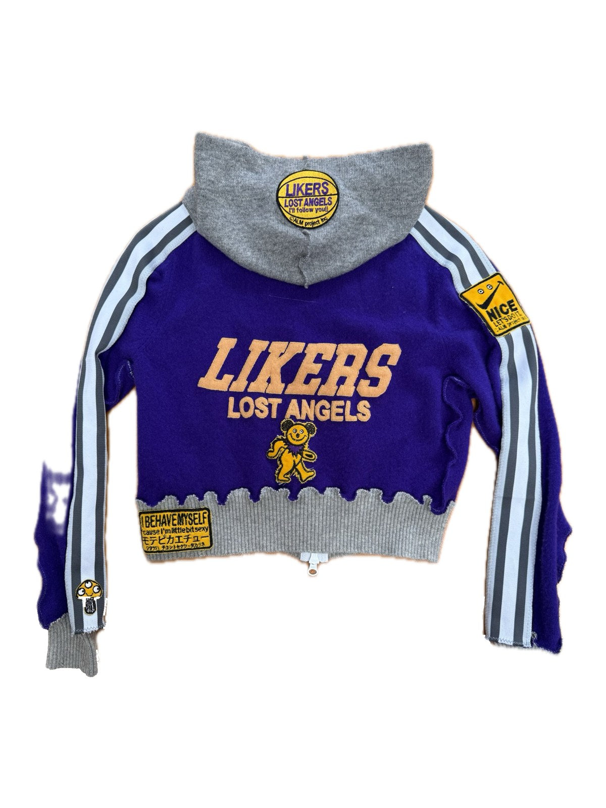 Recycled Cashmere Zip Hoodie — Purple x Grey "LIKERS LOST ANGELS" (Women's S)