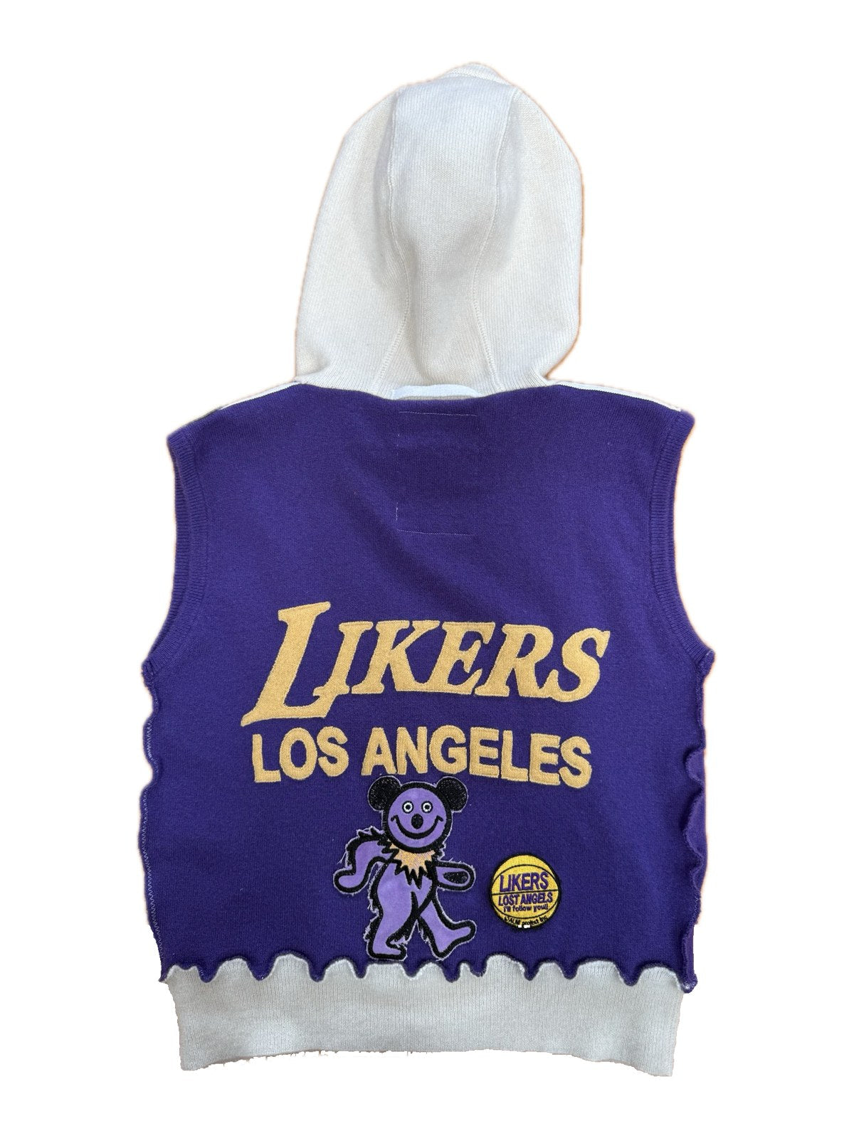 Recycled Cashmere Sleeveless Hoodie — Purple x Cream "LIKERS LOS ANGELES" (Women's S)