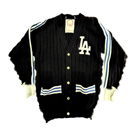 Recycled Cashmere Cardigan — Navy x Grey "LA" (Unisex: Men's S–M / Women's XL)