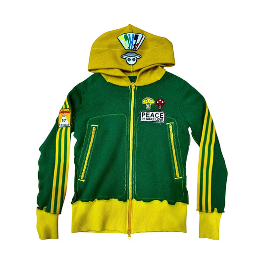 Recycled Cashmere Zip Hoodie — Green "BE NICE / Peace Re Make Love" (Women's S)