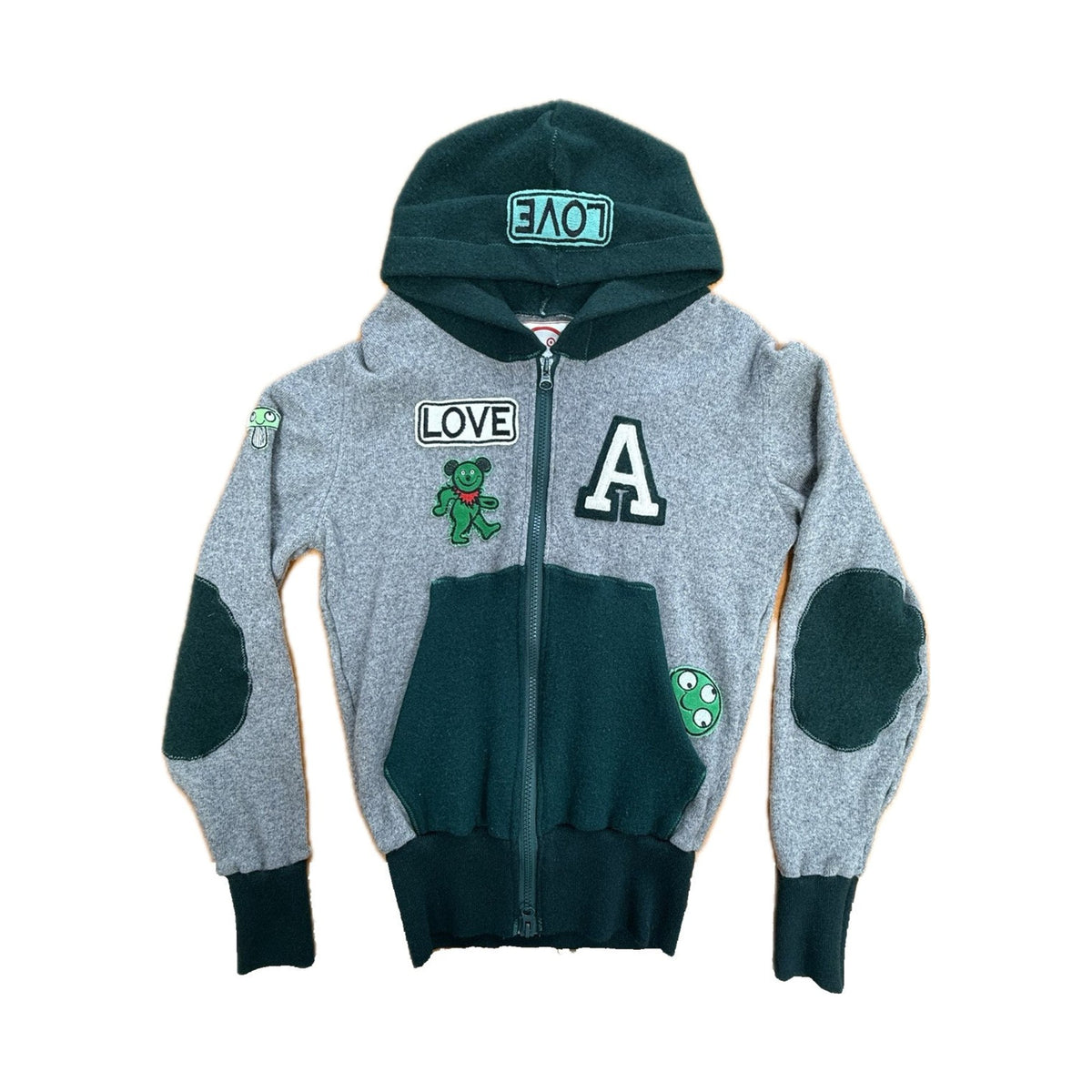 Recycled Cashmere Zip Hoodie — Grey x Green "ONE LOVE MALIBU" (Women's S)