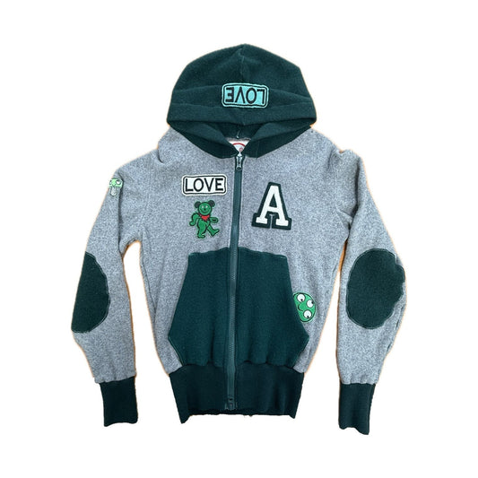 Recycled Cashmere Zip Hoodie — Grey x Green "ONE LOVE MALIBU" (Women's S)