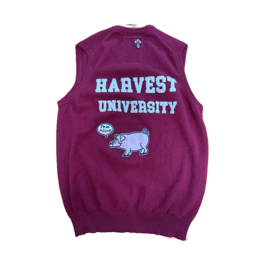 Recycled Cashmere V-Neck Vest — Burgundy "H / HARVEST UNIVERSITY" Pig (Women's M)