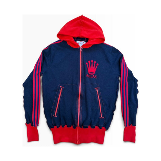 Recycled Cashmere Zip Hoodie — Navy x Red "RELAX" (Women's L–XL)
