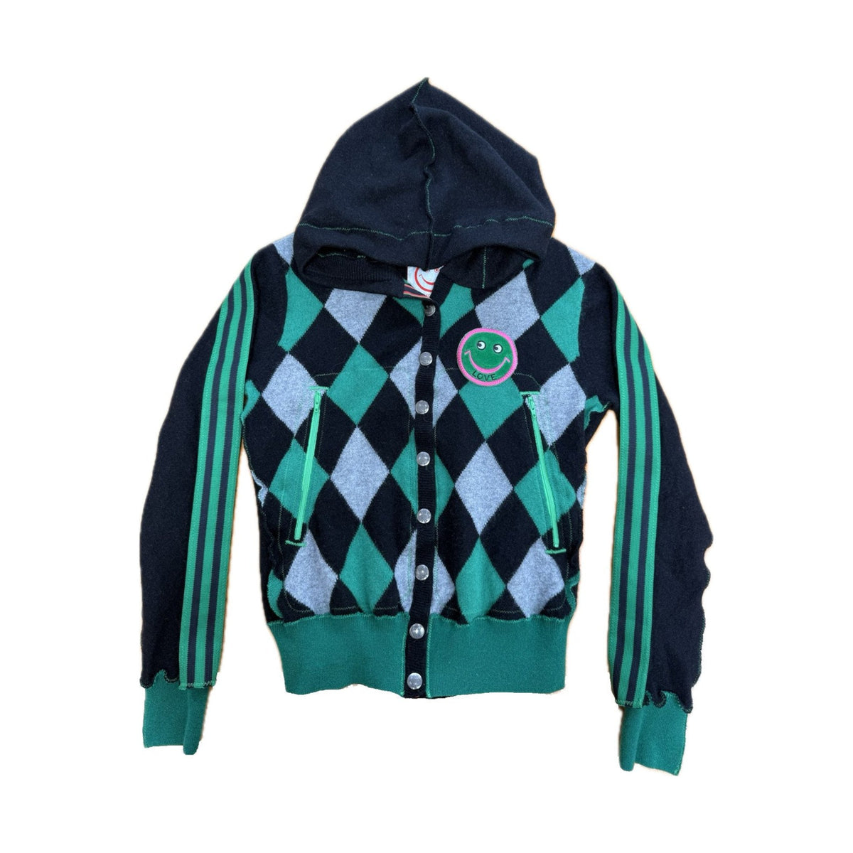 Recycled Cashmere Hooded Cardigan — Argyle Black x Green "LOST ANGELS" (Women's M)