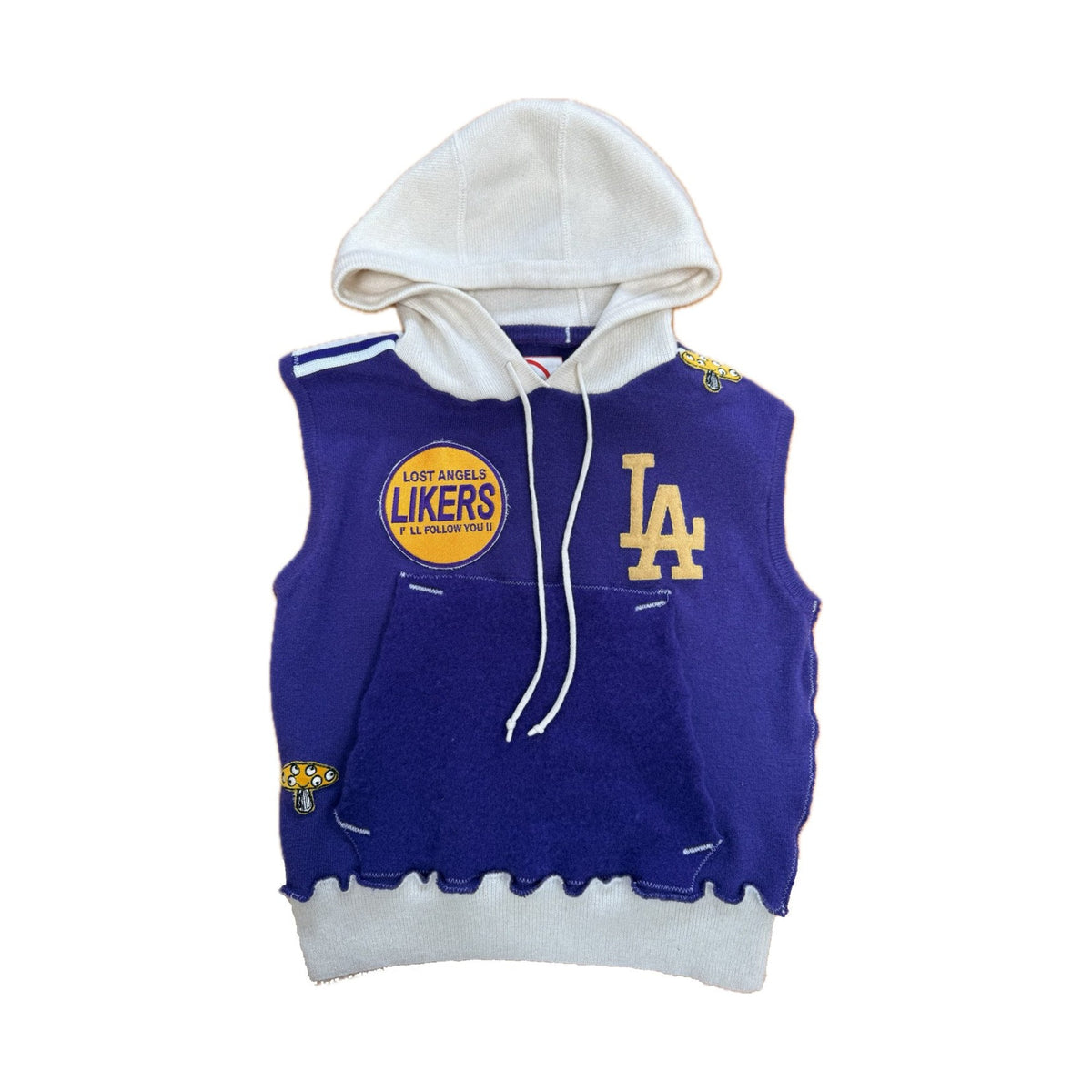 Recycled Cashmere Sleeveless Hoodie — Purple x Cream "LIKERS LOS ANGELES" (Women's S)