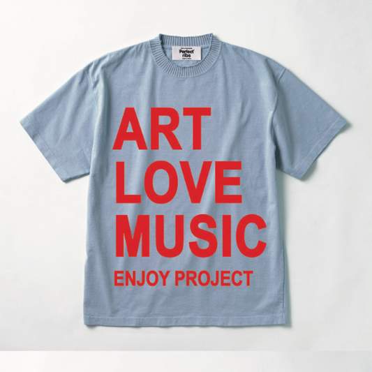 【Perfect ribs×A LOVE MOVEMENT】 "ART LOVE MUSIC" Basic Short Sleeve T Shirt / Light Blue×Red