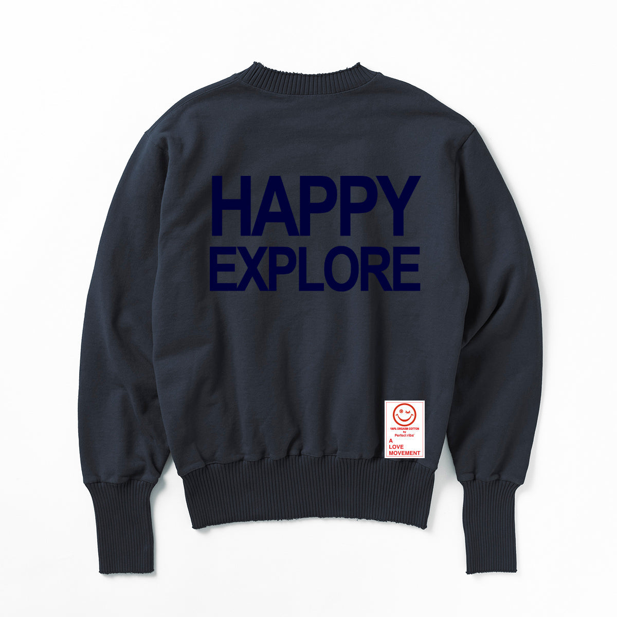 Exclusive Color【Perfect ribs×A LOVE MOVEMENT】"HAPPY EXPLORE" Basic Crew Neck Sweat Shirt / Vintage Black×Ink Blue