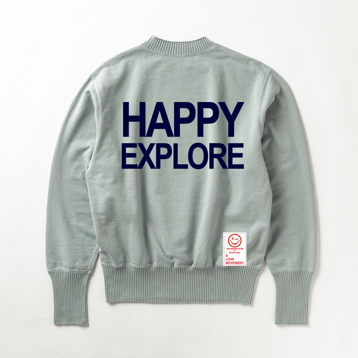 Exclusive Color【Perfect ribs×A LOVE MOVEMENT】"HAPPY EXPLORE" Basic Crew Neck Sweat Shirt / Gray×Royal Blue