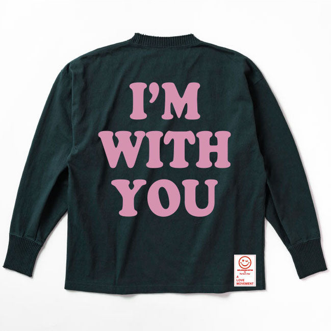 【Perfect ribs×A LOVE MOVEMENT】"I'M WITH YOU" Side Slit Long Sleeve T Shirt / Charcoal Green×Pastel Pink