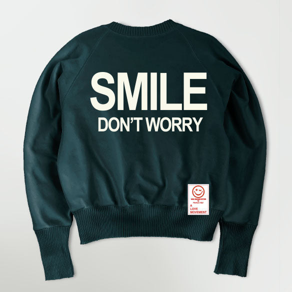 【Perfect ribs×A LOVE MOVEMENT】"SMILE DON'T WORRY" Strange Sleeve Crew Neck Sweat Shirt / Charcoal Green×Soft Pearl