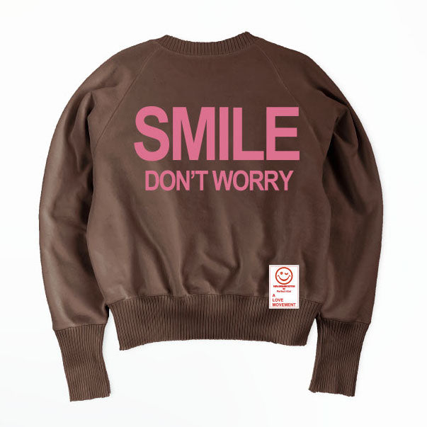 【Perfect ribs×A LOVE MOVEMENT】"SMILE DON'T WORRY" Strange Sleeve Crew Neck Sweat Shirt / Brown×Pastel Pink