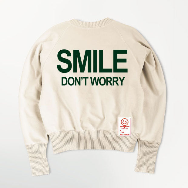 【Perfect ribs×A LOVE MOVEMENT】"SMILE DON'T WORRY" Strange Sleeve Crew Neck Sweat Shirt / Oatmeal×Leaf Green