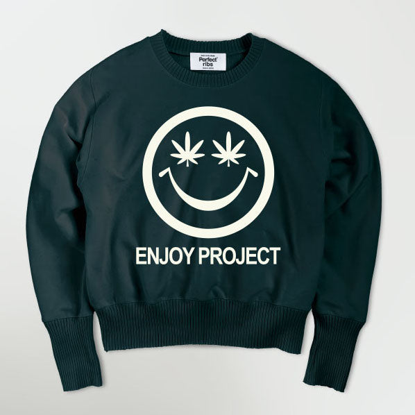 【Perfect ribs×A LOVE MOVEMENT】"SMILE DON'T WORRY" Strange Sleeve Crew Neck Sweat Shirt / Charcoal Green×Soft Pearl