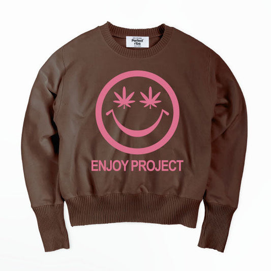 【Perfect ribs×A LOVE MOVEMENT】"SMILE DON'T WORRY" Strange Sleeve Crew Neck Sweat Shirt / Brown×Pastel Pink