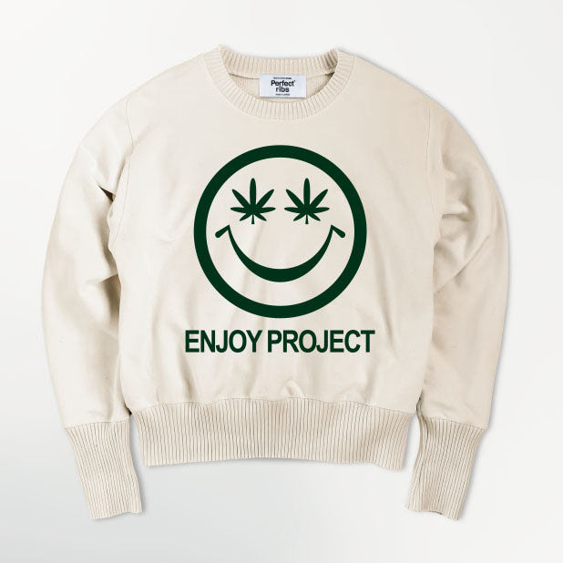 【Perfect ribs×A LOVE MOVEMENT】"SMILE DON'T WORRY" Strange Sleeve Crew Neck Sweat Shirt / Oatmeal×Leaf Green